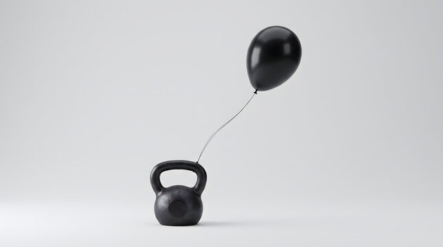 Minimalist fitness concept of a heavy black iron kettlebell morphing into a floating balloon