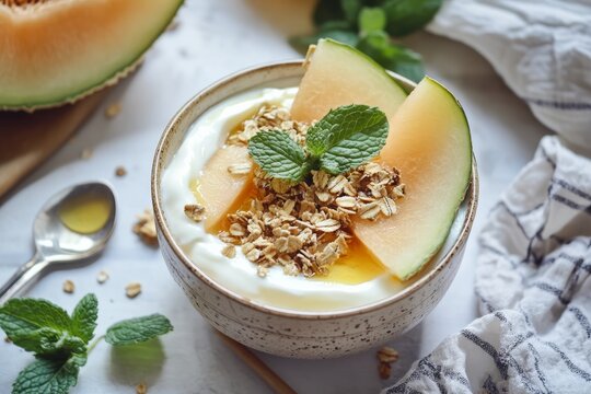 Yogurt bowl with melon, granola, honey, and mint