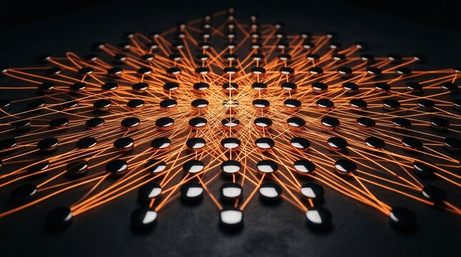 Metallic Network of Interconnected Circular Objects with Glowing Abstract orange energy lines connecting