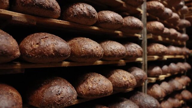 Rows of freshly baked artisan bread loaves cooling on stacked wooden racks inside a warm, rustic bakery