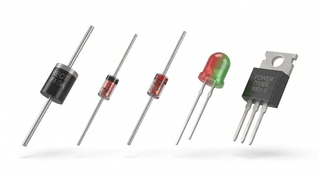Set of 3D electronic diodes including rectifier diode, zener diode, LED, and power diode isolated on white background.