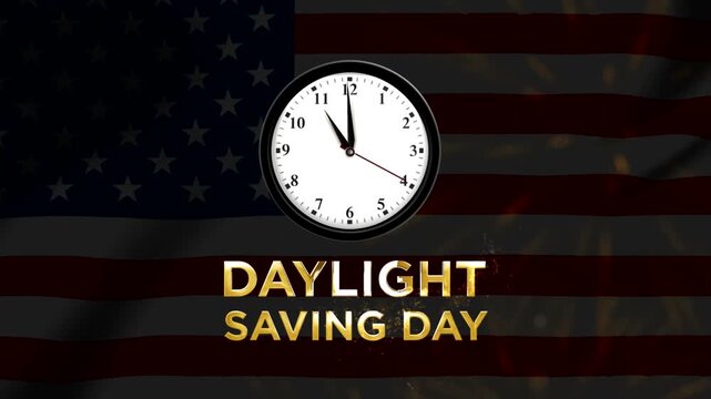Daylight saving day golden lettering with a wall clock on a wavy United States flag background