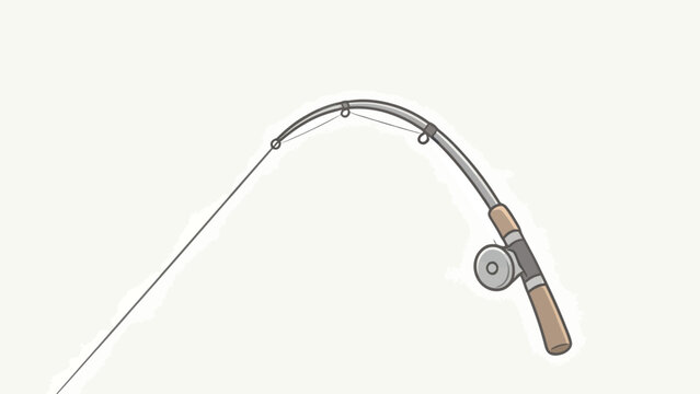 Curved fishing rod with reel and line on white background
