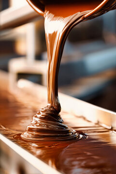 Melted chocolate flows smoothly over chocolate prolines on a conveyor belt inside a candy production facility, highlighting its shiny texture