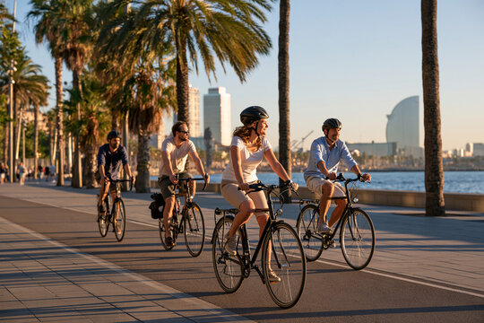 Cycling along Barcelona waterfront in morning