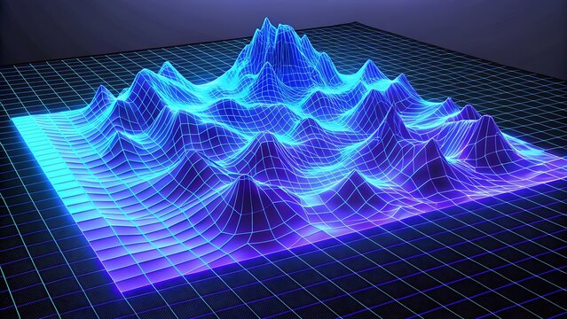 Vibrant 3D wireframe landscape with glowing blue and purple peaks