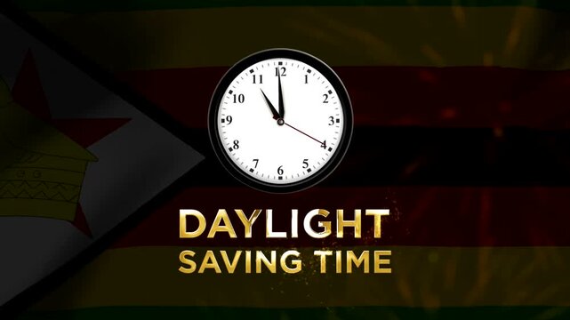 Daylight saving time concept featuring a clock over the national flag of Zimbabwe