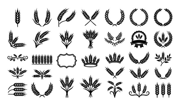 Decorative Wheat Stalk Wreath and Harvest Silhouette Vector Artwork