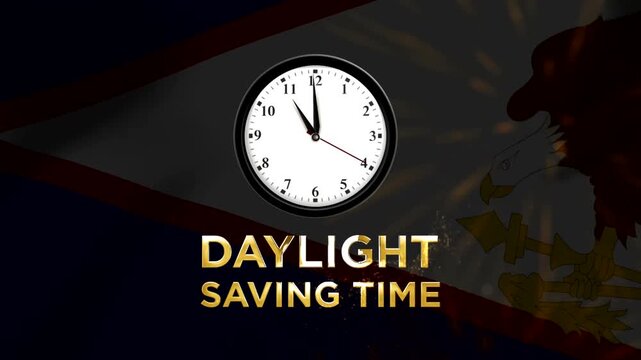 Daylight saving time concept featuring a wall clock over the flag of American Samoa with golden light effects