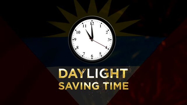 Daylight saving time concept featuring a wall clock over the national flag of Antigua and Barbuda