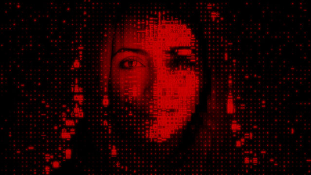 Female Face dissolving into Digital Code. Biometric Authentication Concept.
