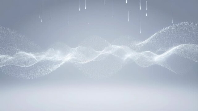 White particles flow horizontally in smooth wave patterns with vertical falling light streaks on a soft gray gradient background. Futuristic backdrop inspired by fluidity and digital wave.