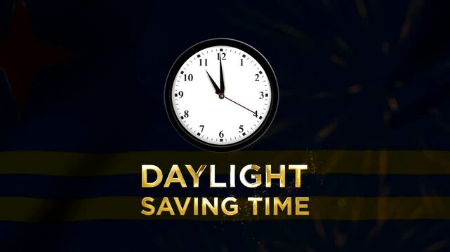 Daylight saving time concept featuring a wall clock over the national flag of Aruba with golden glowing text