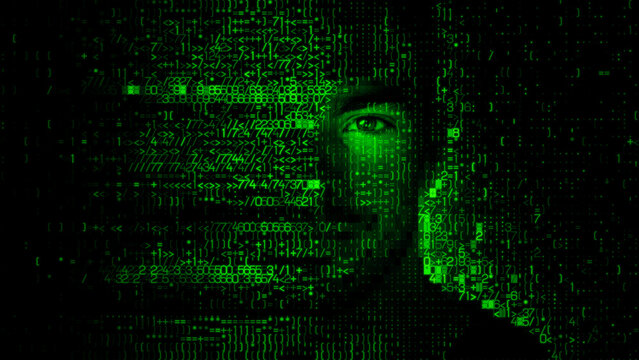 Digital Face dissolving into Numeric Code, illustrating Biometric Authentication Concept.