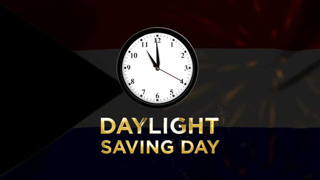 Daylight saving time concept featuring a wall clock with golden typography over a stylized national flag background