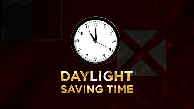 Daylight saving time concept featuring a wall clock with text and festive light particles on a dark background