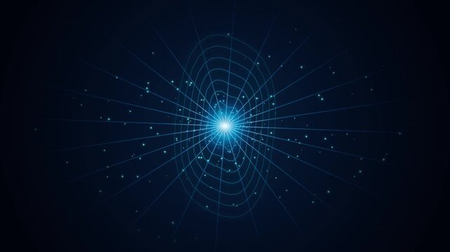 Futuristic Blue Motion Graphic Background Featuring Rotating Concentric Grids and Glowing Particles