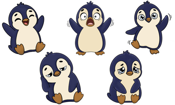 Cute penguin cartoon characters set with different emotions and expressions vector illustration.