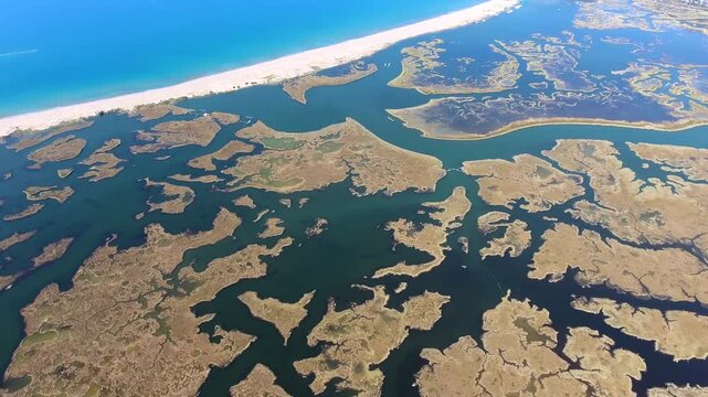 Aerial drone view of Dalyan delta labyrinth in Mugla Turkey with reeds, channels, and lagoon.