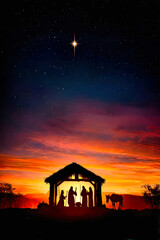 Obraz premium A stable shows the birth of Jesus with silhouettes of the Three Wise Men against a sunset sky. A bright star shines above the scene, capturing a
