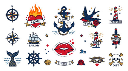 Obraz premium Nautical Tattoo Symbols: Anchor, Compass, Ship, Heart, Skull, Lighthouse, Lips