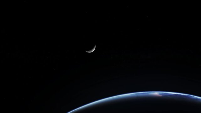 Crescent Moon Above Earth&rsquo;s Glowing Horizon in Deep Space