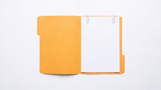 Open manila folder with blank white paper and paperclips on white background.