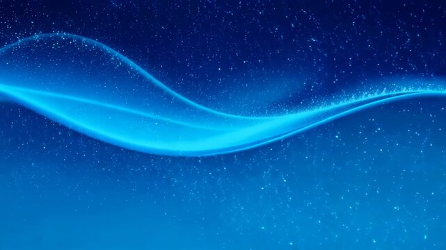 Blue abstract wave with sparkling particles flowing horizontally across a gradient background