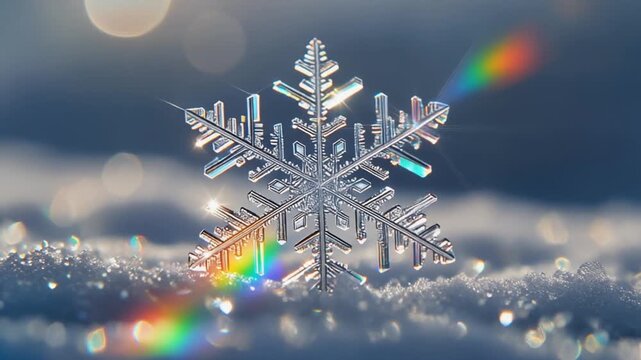 虹色の光を反射して輝く美しく精巧な雪の結晶と冬の雪景色