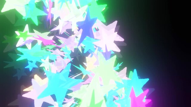Wiggling star-shaped particles swirl and rise upward, finally bursting apart at the end. 3DCG image footage.