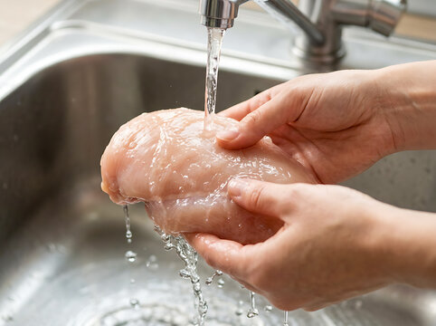 Hands are rinsing raw chicken breast under running water.