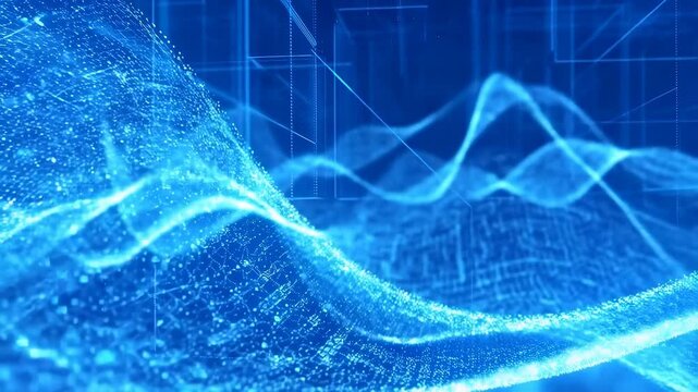Flowing digital wave mesh composed of glowing blue lines and particles undulates smoothly. Layered composition brings together flowing digital wave mesh and motion.