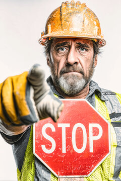 A construction worker in reflective vest and hard hat points at a stop sign. He appears tired, adding a humor element to the scene in a studio setting
