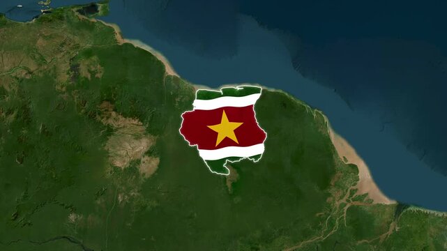 Suriname Country Map and National Flag Satellite Earth Zoom 3D Animation
