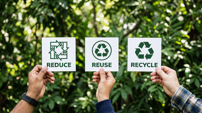 Diverse hands holding signs with reduce reuse and recycle symbols outdoors