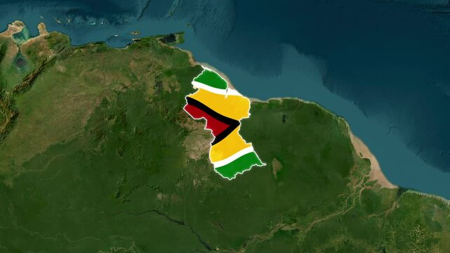 Guyana Country Map and National Flag Satellite Earth Zoom 3D Animation