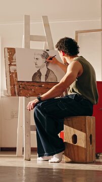 Man, sketch or creative in art studio with pencil, talent or illustrator with artwork for commission. Artist, person and illustration in workshop with drawing, equipment or skills for small business.