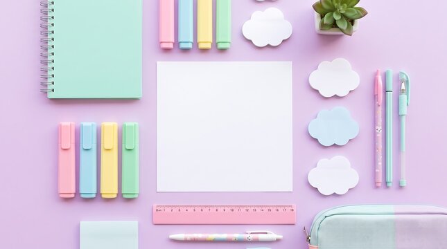 Flat Lay Pastel Stationery Organization with Blank Center Paper for Creative Academic Planning