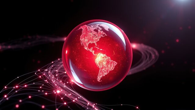 Glowing globe depicts Americas. Red lines swirl around, suggesting connectivity, data streams, global network. Dark background enhances luminosity.