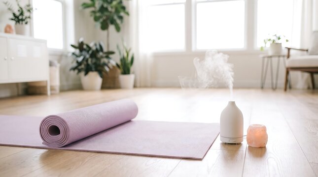 Light Purple Yoga Mat and Essential Oil Diffuser for a Calm Home Wellness Practice Session
