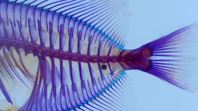 A colorful scientific specimen of a fish prepared through diaphonization or "clearing and staining" revealing the complex bone and cartilage structures of the fish, using Alcian blue to stain cartilag