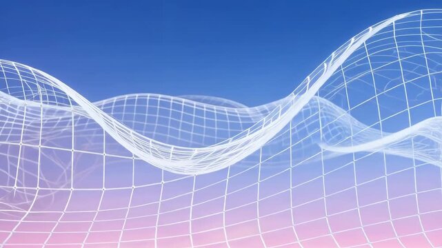 Abstract white wireframe grid waves undulating against gradient blue pink background
