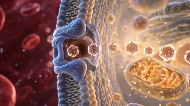 Cell Membrane Transport Glucose Absorption into Cell via Protein Lipid Bilayer, Molecular Movement Toward Bloodstream, Red Blood Cell, Mitochondrion, and Cellular Energy Illustration
