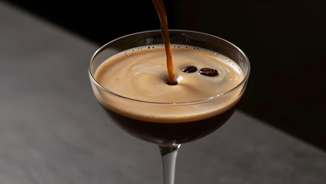 34, An editorial macro shot of an espresso martini being poured into a chilled coupe glass, thick velvety crema forming, delicate roasted coffee bean floating on top, dark moody bar atmosphere