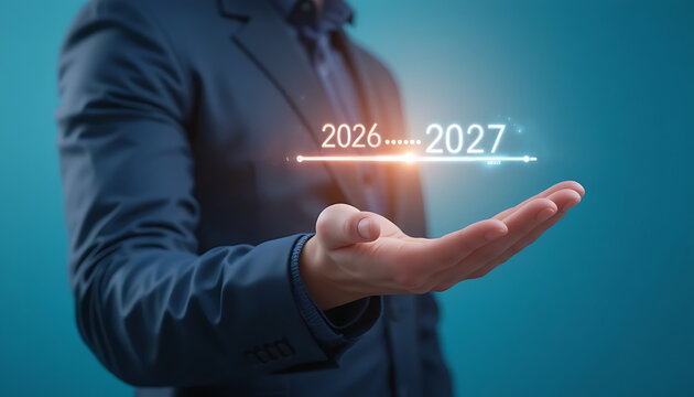 A person in a dark suit holding an open hand with a glowing digital projection showing the years 2026 and 2027 against a blue background 2027 new year 