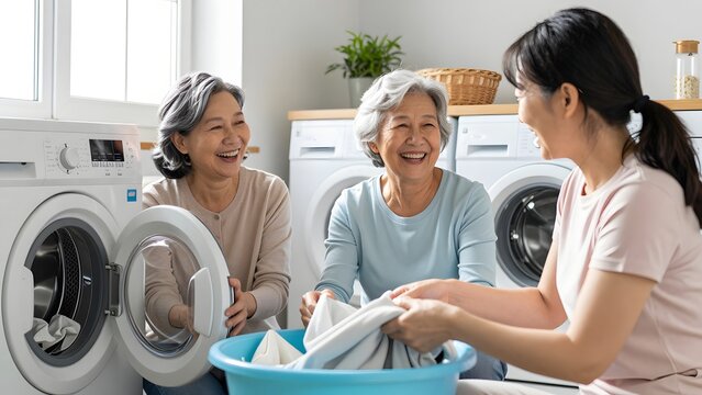 80, A candid moment of three generations of women laughing together while folding laundry in a bright, airy laundry room, morning sun, authentic expressions, heartfelt family lifestyle
