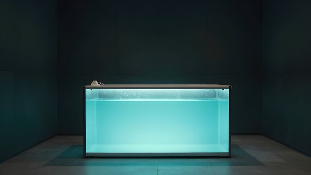83, A minimalist wellness studio with a zero-gravity flotation tank, glowing soft turquoise underwater ambient light, dark acoustic walls, ultimate sensory deprivation and recovery concept