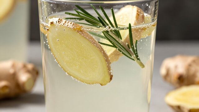 124, A close-up shot of a crafted fermented beverage: a glass of fizzy kombucha with fresh ginger slices and sprig of rosemary, micro-bubbles clinging to glass, natural sunlight