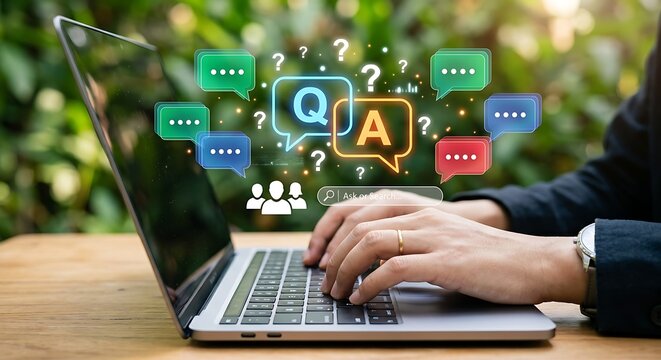 Person typing on laptop keyboard with flying colorful online customer support qa chat bubbles.