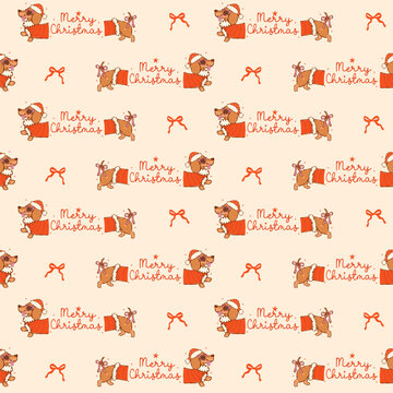 Merry Christmas Dachshund seamless pattern, cute hand drawn sausage dog cartoon on a festive holiday repeat background